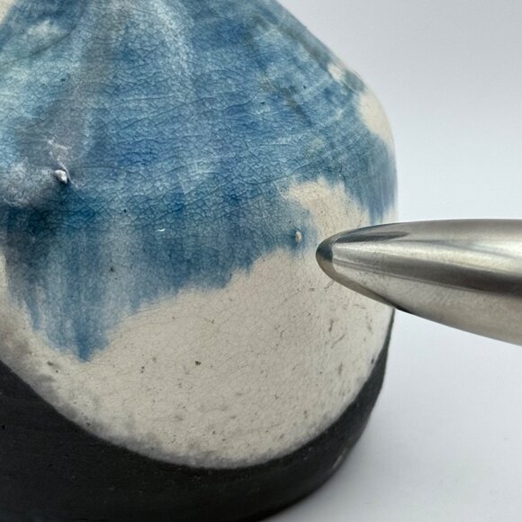 Raku Studio Art Ceramic Pottery Vase Signed With Cork Stopper Blue White 3.5 in - Picture 6 of 10